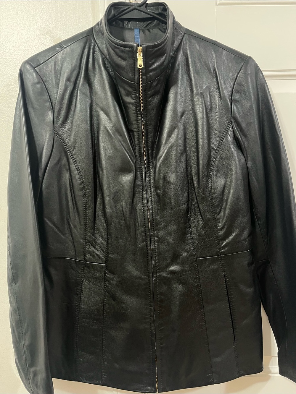 Cole Haan Black Leather Zip-Front Jacket with Stand Collar